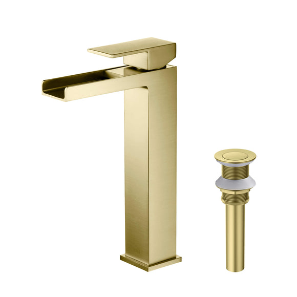 Kibi Single-handle Waterfall Vessel Sink Faucet with Drain Assembly, Brushed Gold